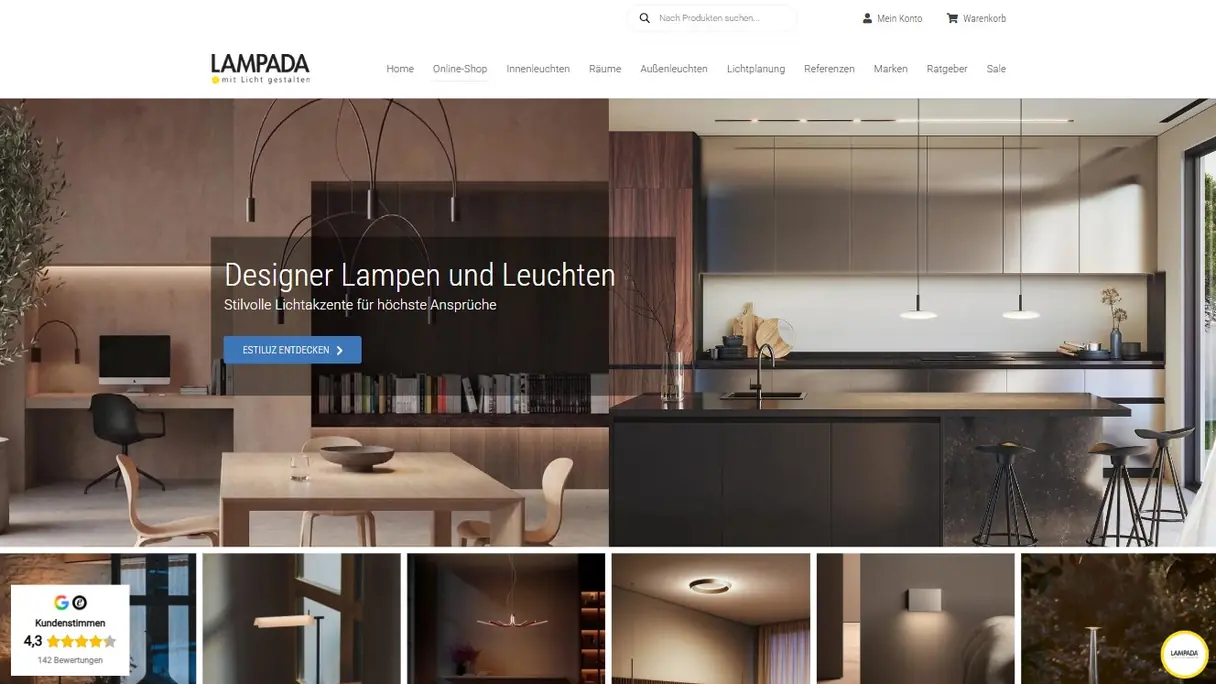 Screenshot des Projekts Online-Shop für Designerleuchten
