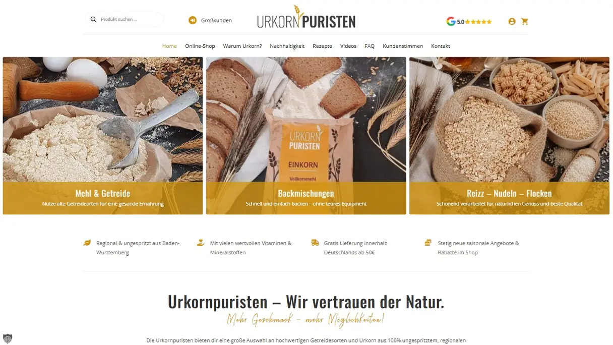 Screenshot des Projekts Online-Shop für Urkorn-Mehle